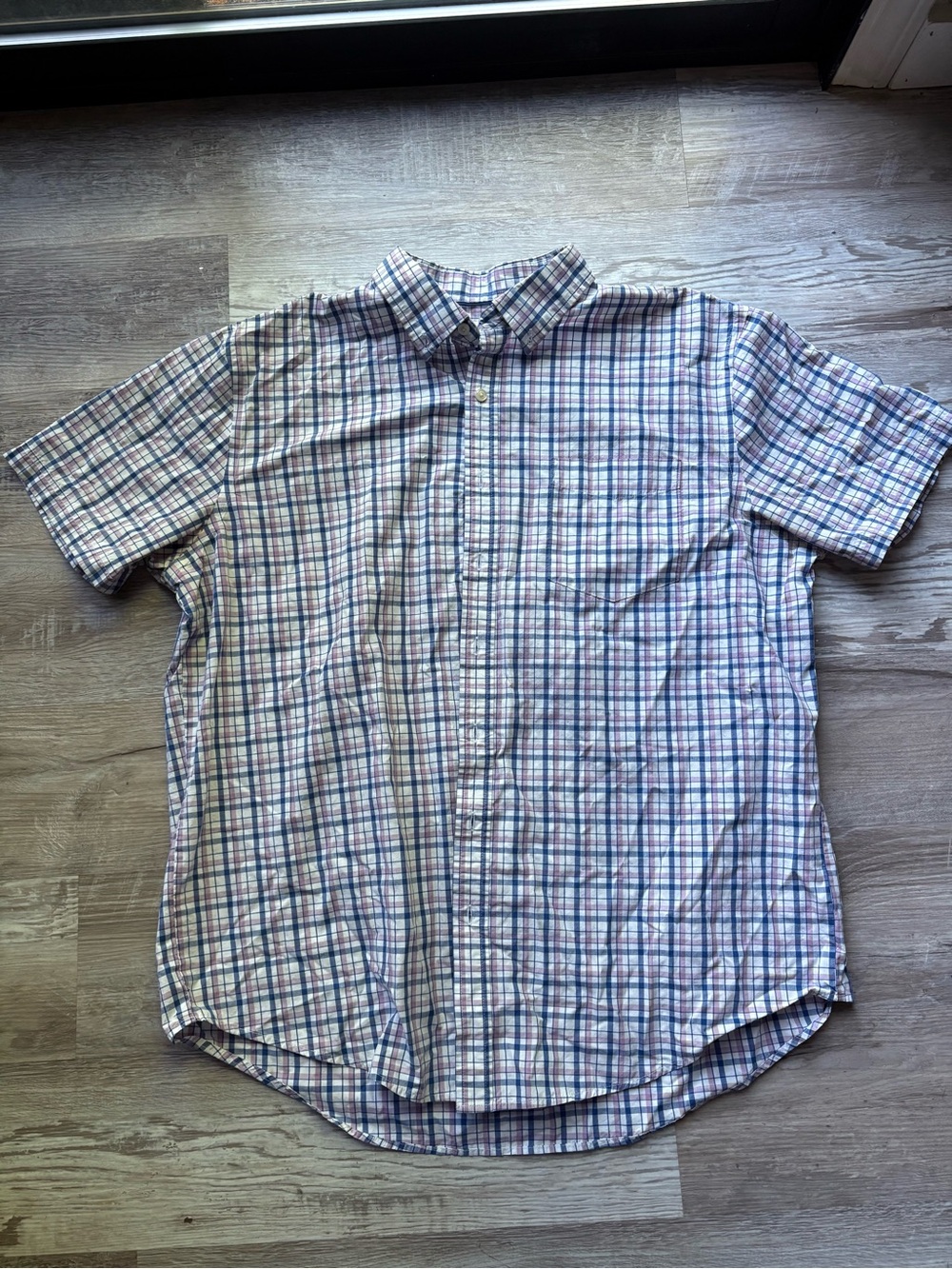 Croft and Barrow Men's Blue Pink White Plaid Cotton Woven Short Sleeve Shirt XL